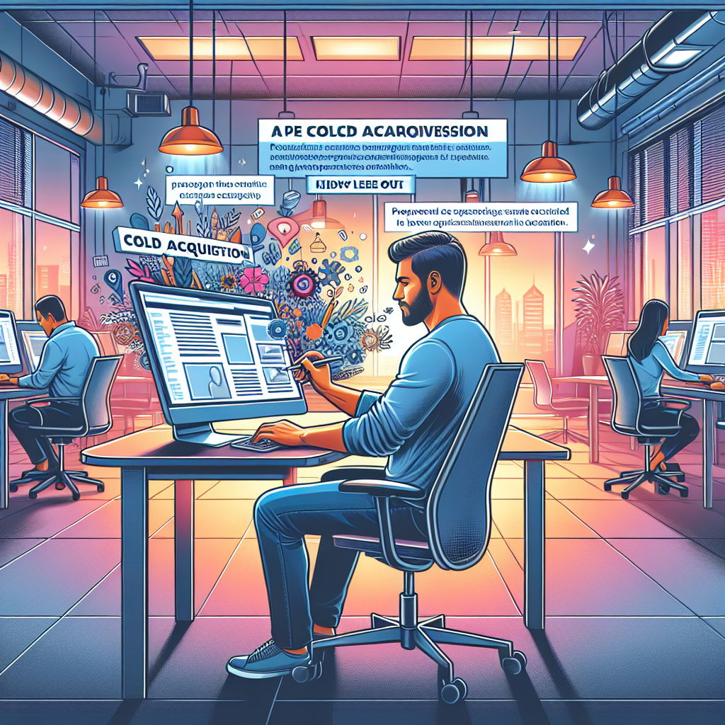 Generate an image of a content creator designing engaging and valuable content for B2B prospecting on a computer. The setting should depict creativity in a modern workspace with vibrant colors, reflecting the importance of personalized approaches and valuable content in cold acquisition.