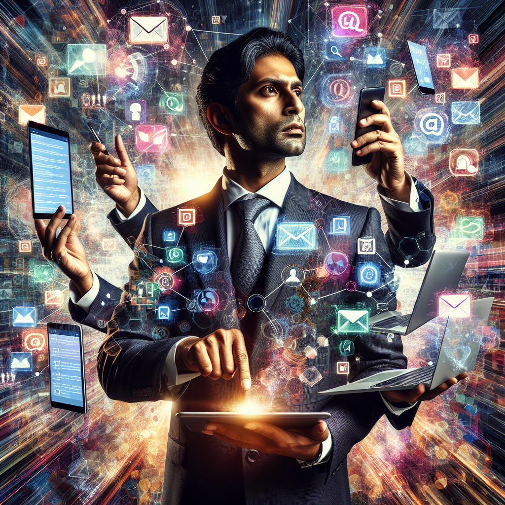 Generate an image of a business professional multitasking with various digital devices, employing multi-channel tactics for follow-ups. The background should be bustling with icons of emails, social media, phone calls, and messaging apps, symbolizing an interconnected and comprehensive communication strategy.