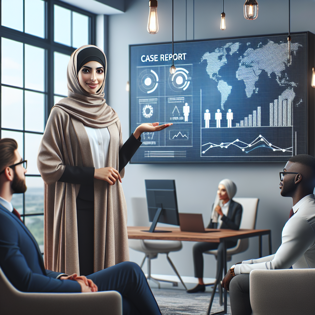 Generate an image of a professional consultant in a modern office setting presenting a successful case study to potential clients. The scene should include a large interactive display showing graphs and charts, creating a sense of trust and expertise.
