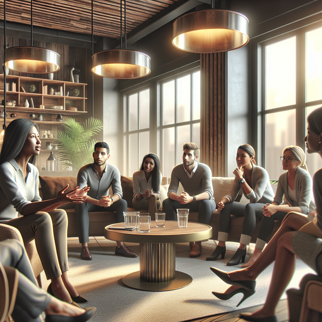 Generate an image of a customer story being shared in a cozy, inviting setting. Picture a casual meeting area with clients engaged and listening attentively to real-life success stories, depicting an atmosphere of warmth and connection.