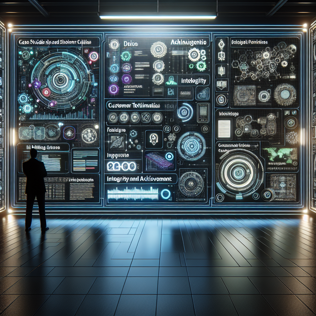 Generate an image of a dynamic digital interface showcasing a variety of case studies and customer testimonials. This should capture a high-tech, innovative environment with futuristic visual elements that emphasize credibility and success.