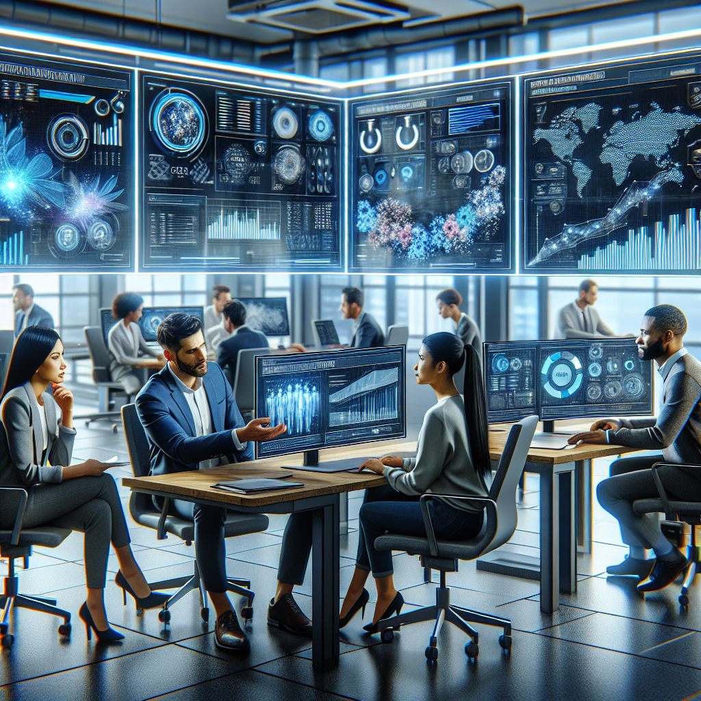 Generate an image depicting a modern B2B consultancy office environment where professionals are actively engaging in Account-Based Marketing strategies. Visualize sleek, high-tech workstations, dynamic digital dashboards displaying analytics, and a collaborative team discussing client strategies. The setting should be futuristic and professional, emphasizing innovation and technology.