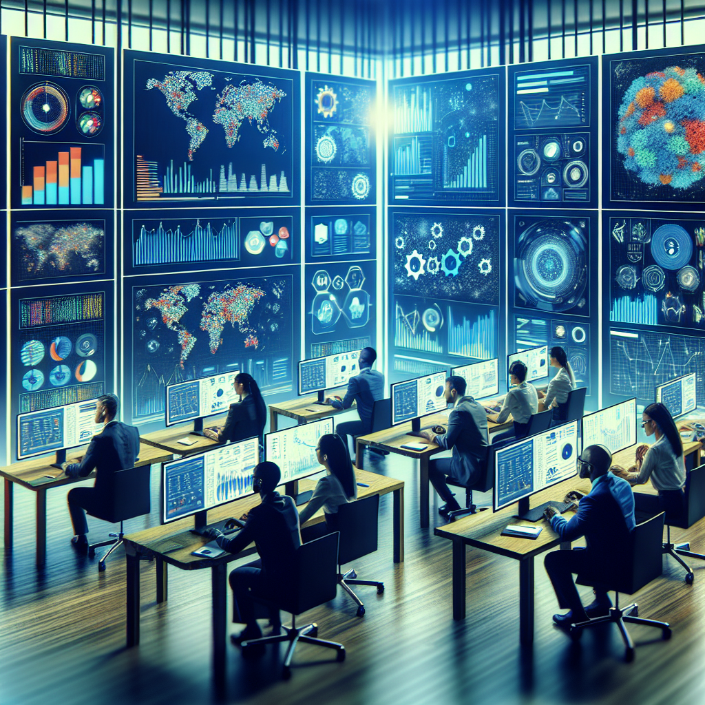 Generate an image illustrating the concept of data analysis in B2B lead generation. The scene should feature a diverse group of consultants deeply focused on analyzing complex data visuals on multiple screens. Incorporate elements like big data clouds, intricate graphs, and interactive digital maps to represent data analysis. The overall tone should convey precision and expertise.