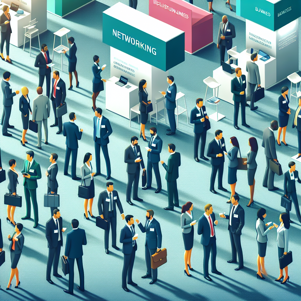 Generate an image portraying the significance of networking in the B2B consultancy sector. Depict a bustling networking event with professionals from various industries engaging in conversation. Include elements like name badges, business cards exchanges, and a background of exhibition stands and branding. The image should have a lively and professional ambiance, emphasizing relationship-building.