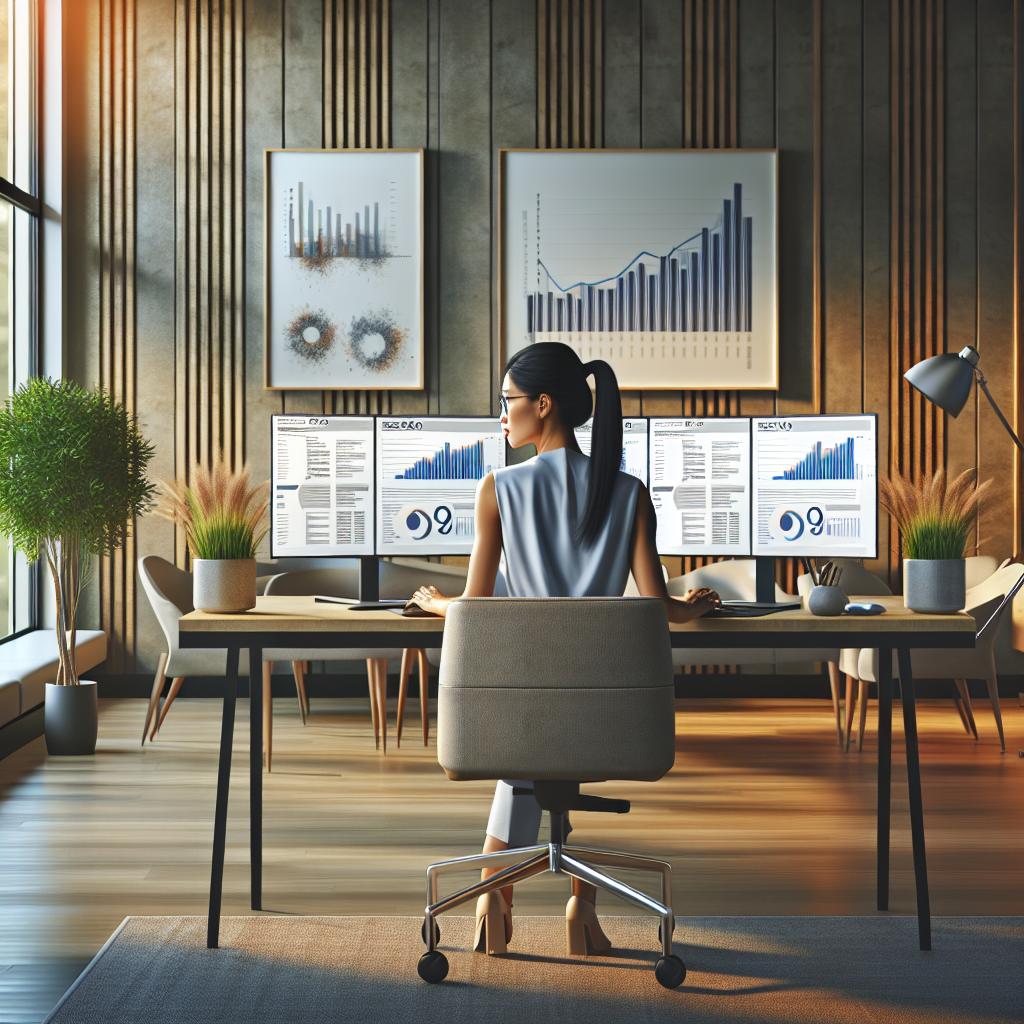 Generate an image of a professional consultant in an office setting analyzing SEO data charts on dual monitors, illustrating deep understanding of target audience and effective use of analytics tools. The room should be modern with potted plants and inspirational quote wall art, casting a warm, productive atmosphere.