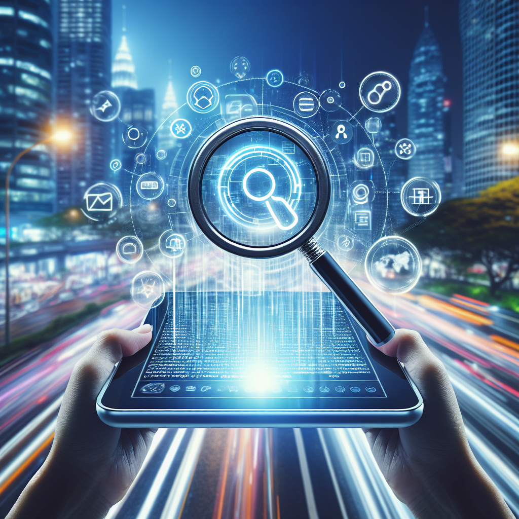 Generate an image of a magnifying glass hovering over a digital keyword list on a futuristic tablet, symbolizing in-depth keyword research. The background should depict a bustling cityscape out of focus, representing the vast market and connections possible through strategic SEO.