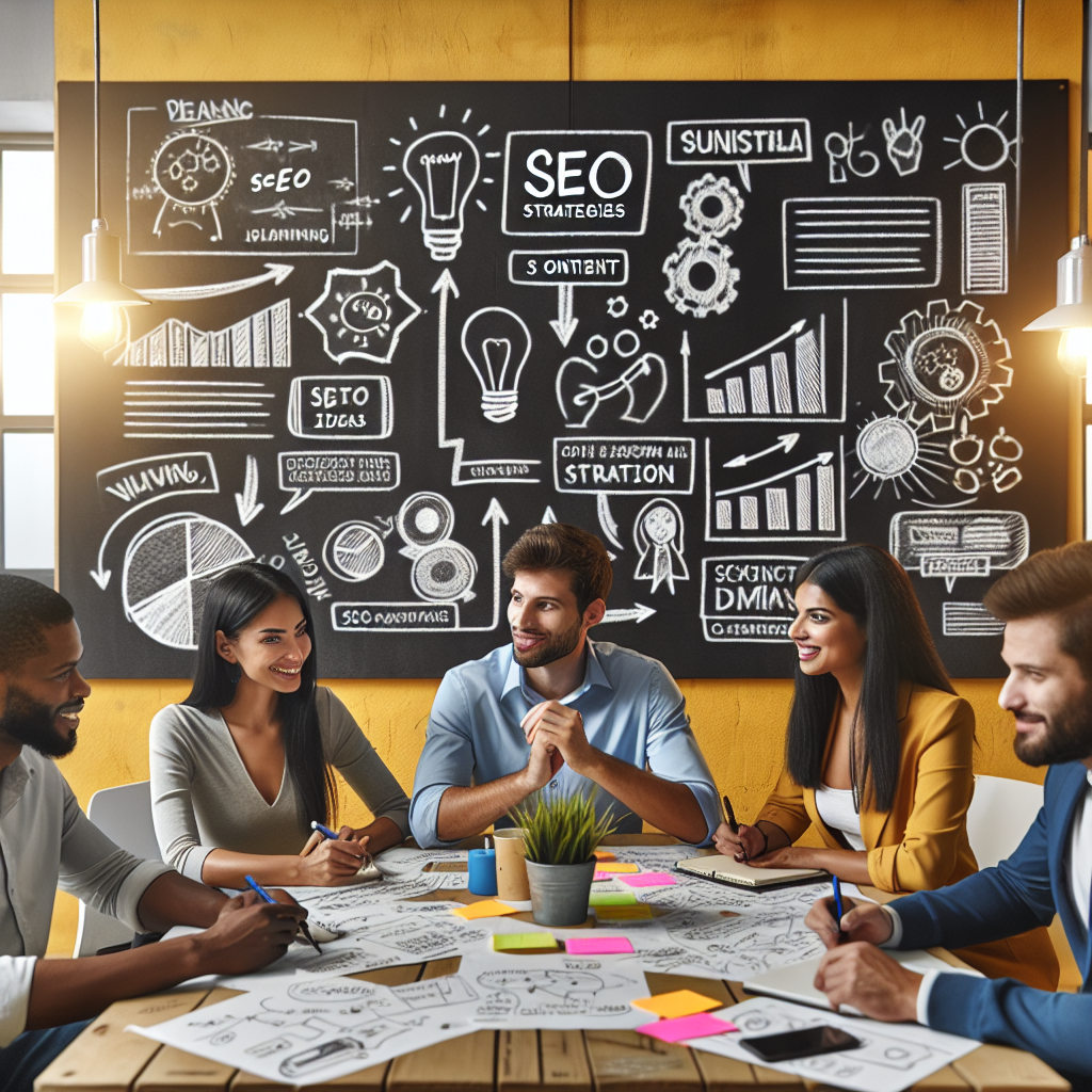 Generate an image of a diverse team brainstorming over a table full of sticky notes and sketches, creating valuable content. The room should have a large whiteboard with SEO strategies and content ideas, in an energetic and creative workspace with bright yellow accents.