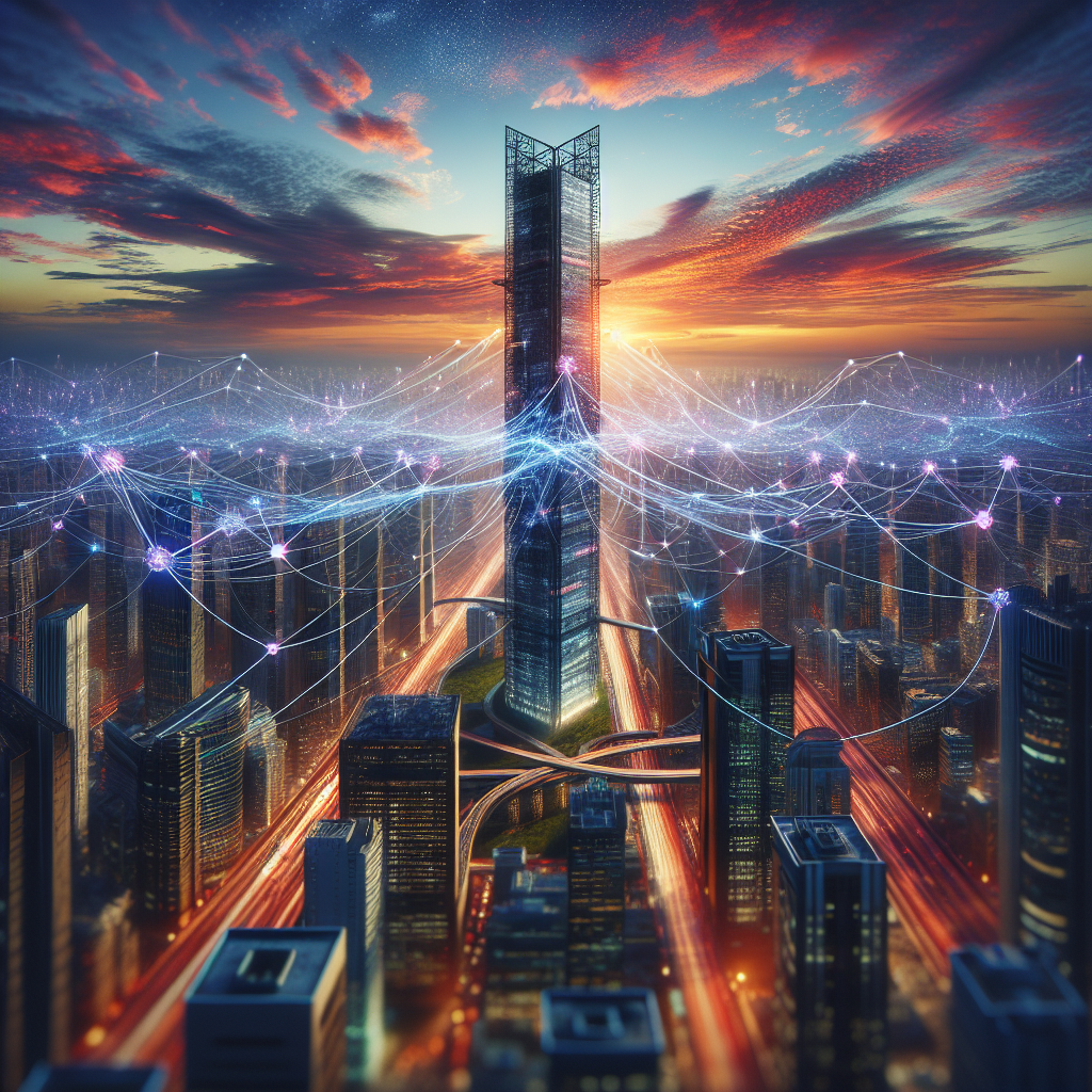 Generate an image of a skyscraper with interconnected digital coiling vines, symbolizing enhanced technical SEO and strengthened link building strategies. The vines should form links to neighboring buildings, set against a sunset skyline to illustrate growth and connection.