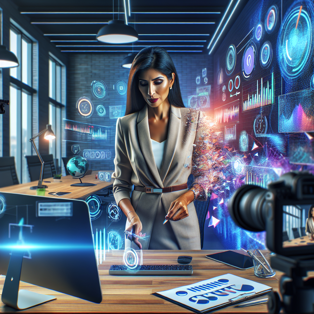 an image of a consultant creating an engaging educational video, showcasing a modern office setting with high-tech equipment. The scene should portray a dynamic atmosphere where the consultant interacts with digital graphs and animated visuals on a large screen, illustrating the power of video content in attracting leads.