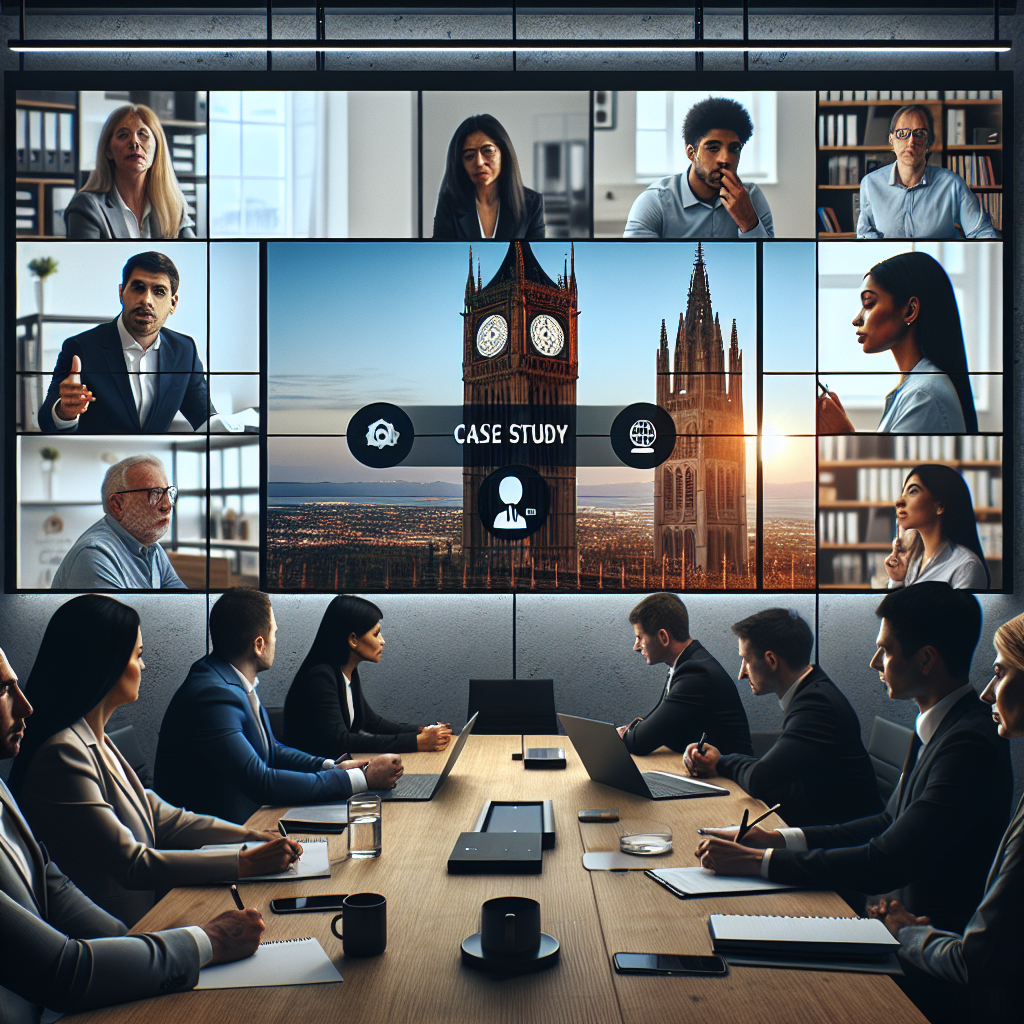 an image of a company presenting a case study through a video call. The setting should be a conference room with a large video screen displaying a successful project outcome. Participants, both in-person and remotely, should appear engaged and interactive, representing the global reach of video communication.