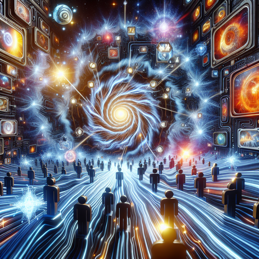 an image of a digital world where video content attracts potential leads depicted as magnetic energy. The visuals should emphasize the connection between creative video content, represented as glowing streams, and attracted leads symbolized as curious individuals exploring these digital pathways.