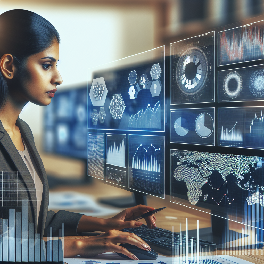 Generate an image of a business professional analyzing market research data on multiple screens, with charts and graphs showing niche industry trends, and a focus on precision and data-driven strategies for lead generation in consultancy.