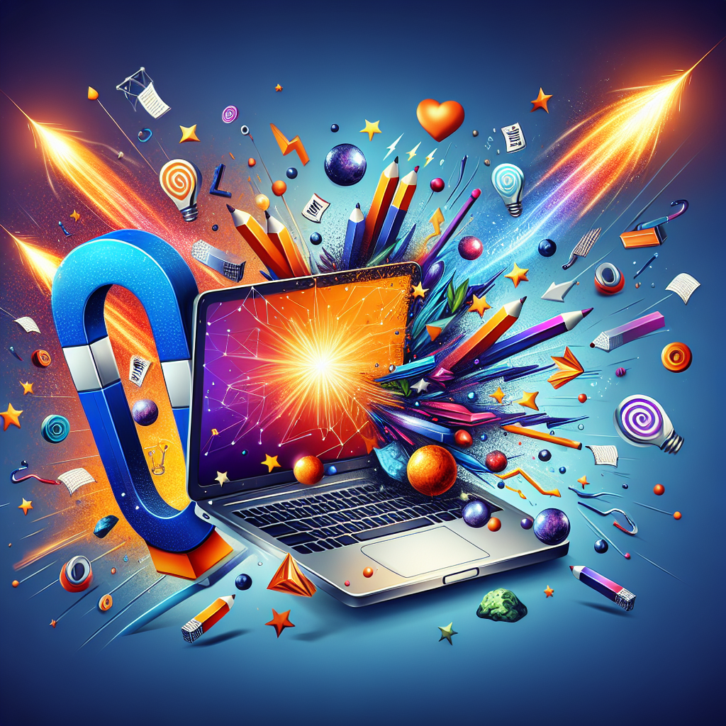 Generate an image of a vibrant and engaging piece of digital content such as a blog post or infographic about consultancy services. Include elements like a laptop, notes, and creative graphics, symbolizing how valuable content attracts high-quality leads.