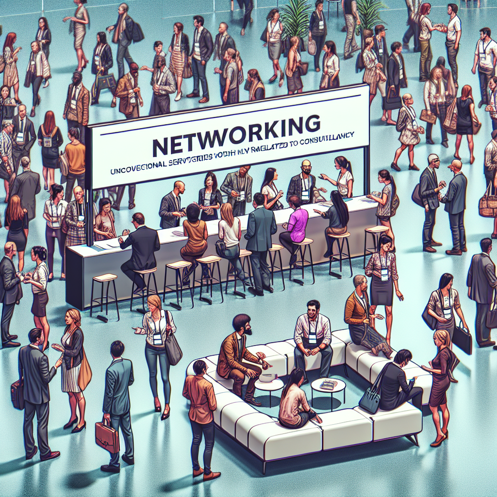Generate an image of a dynamic networking event, with people from niche industries engaging in discussions, exchanging business cards, and connecting over consultancy services. Highlight a modern and collaborative atmosphere.