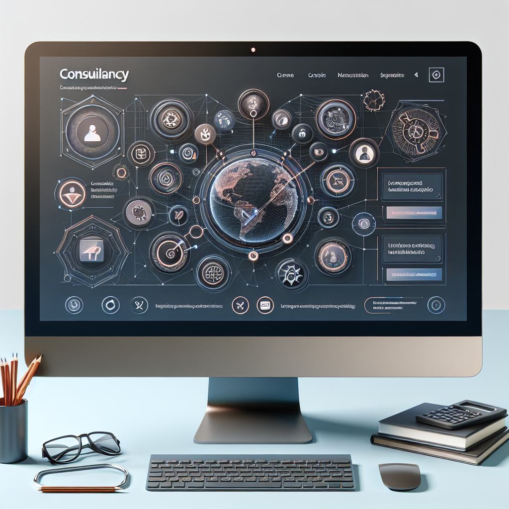 Generate an image of a sleek and optimized consultancy website on a desktop computer screen, showcasing interactive features, user-friendly navigation, and social media integration, aimed at converting visitors into leads.