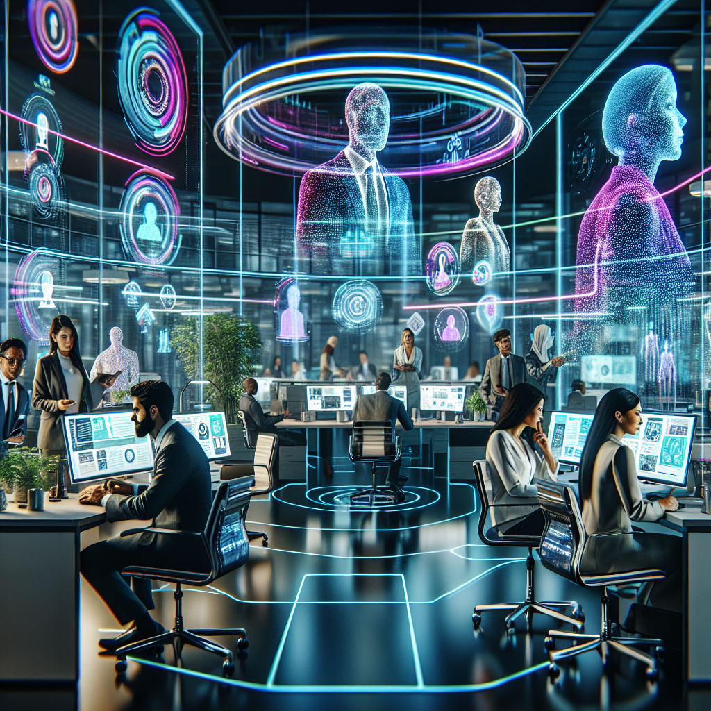 Generate an image depicting a futuristic office space where B2B consultants are engaging with clients through personalized digital interfaces, showcasing personalisation in lead generation. The setting should be modern and vibrant, with holographic displays and diverse professionals collaborating.