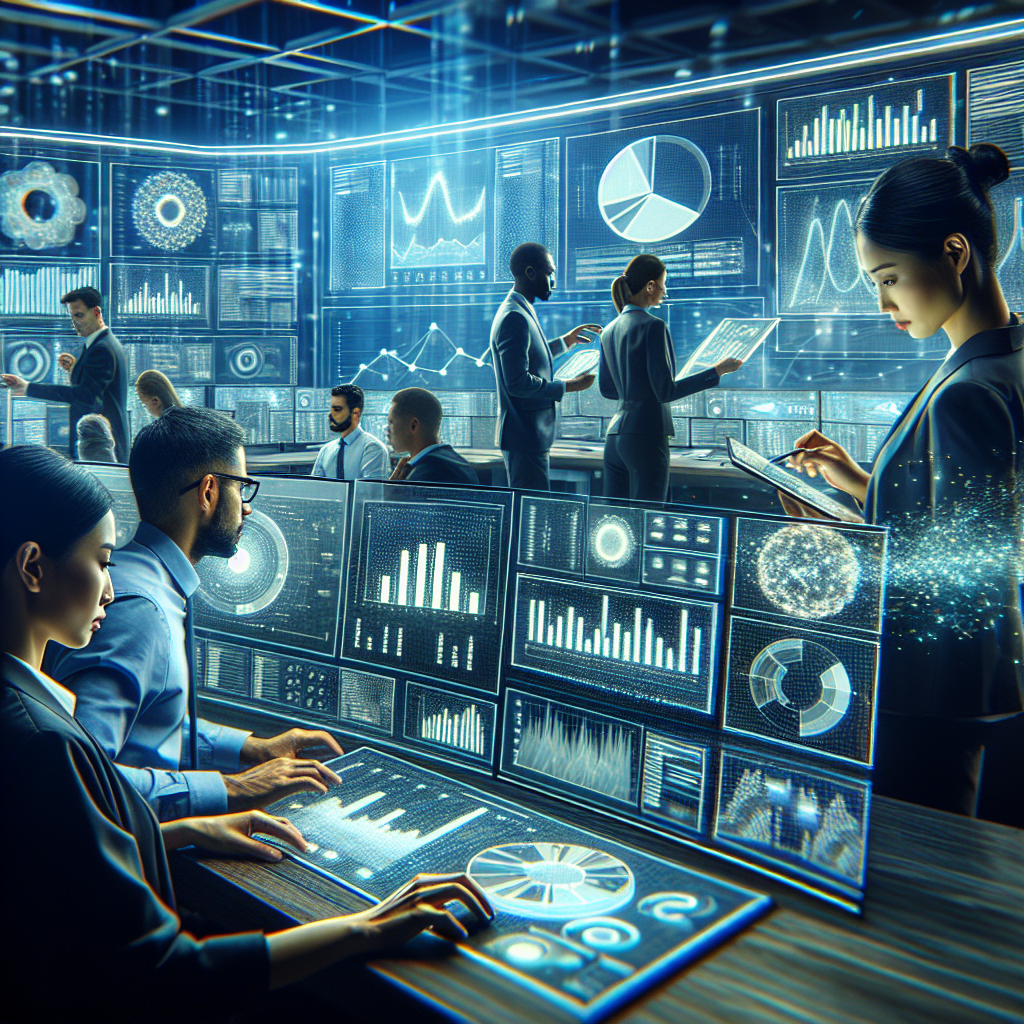 Generate an image illustrating a team of analysts in a high-tech control room surrounded by data screens and visualizations, representing data-driven insights in lead generation. The environment should be dynamic and filled with glowing charts and graphs, demonstrating complex data analysis.