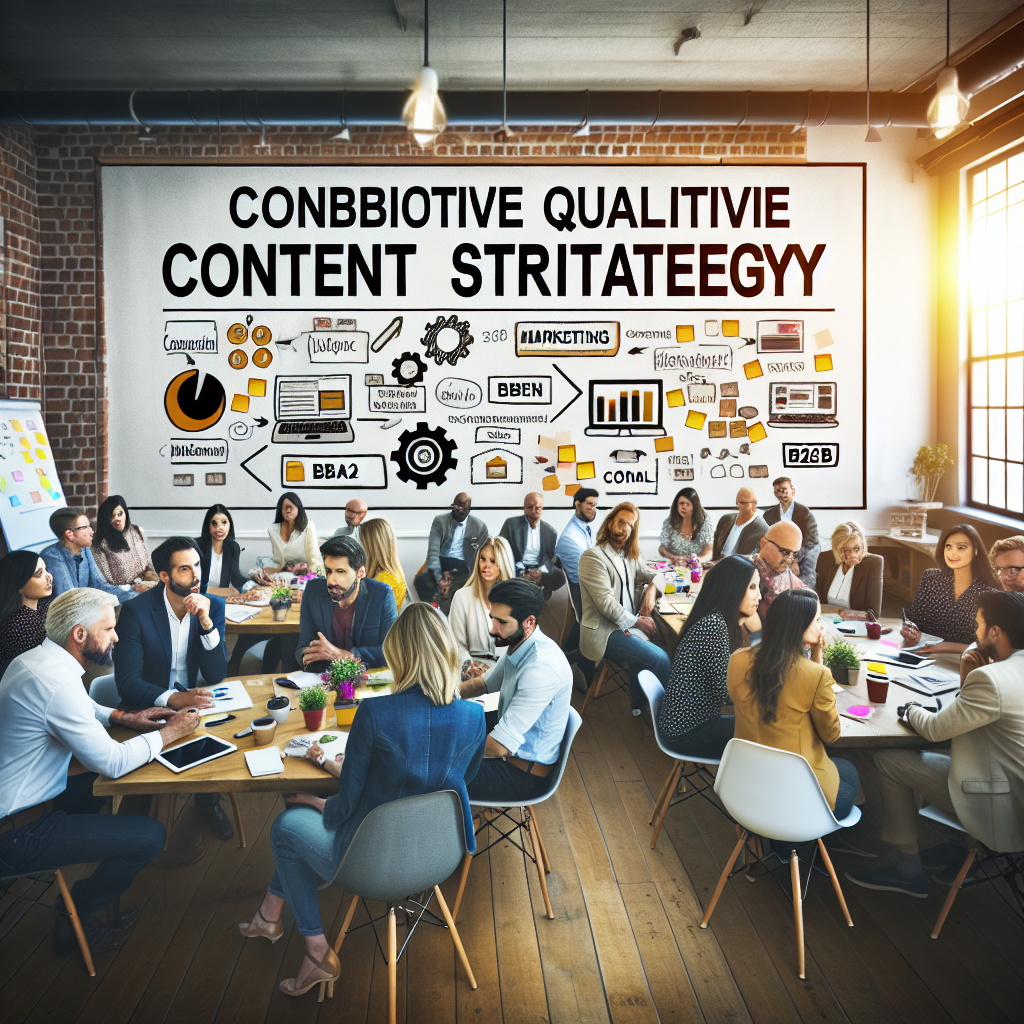 Generate an image of a creative workshop where a group of diverse marketing professionals are brainstorming content strategies. The room is filled with whiteboards, sticky notes, and digital tablets, emphasizing the role of qualitative content in B2B consultancy lead generation.