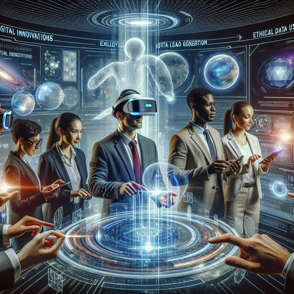 Generate an image of a virtual reality environment where B2B consultants are exploring digital innovations for lead generation. The scene includes futuristic gadgets and immersive virtual displays, highlighting the integration of cutting-edge technology and ethical data usage.