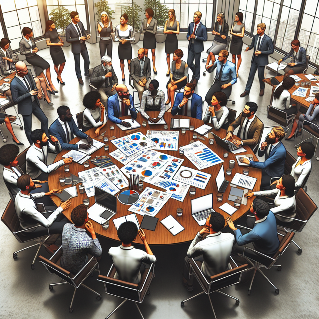 Generate an image of a bustling office environment where team members are gathered around a large table covered in charts and graphs, passionately discussing a B2B content strategy. This vibrant scene should capture the essence of collaboration and innovation in developing tailored customer solutions.
