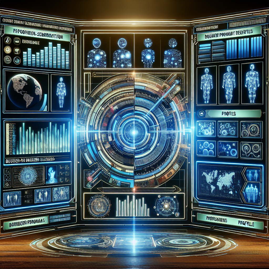 Generate an image of a digital dashboard displaying complex segmentation data and buyer persona profiles. The dashboard should be futuristic, with holographic elements, showcasing how detailed data analysis aids in building effective B2B content strategies.