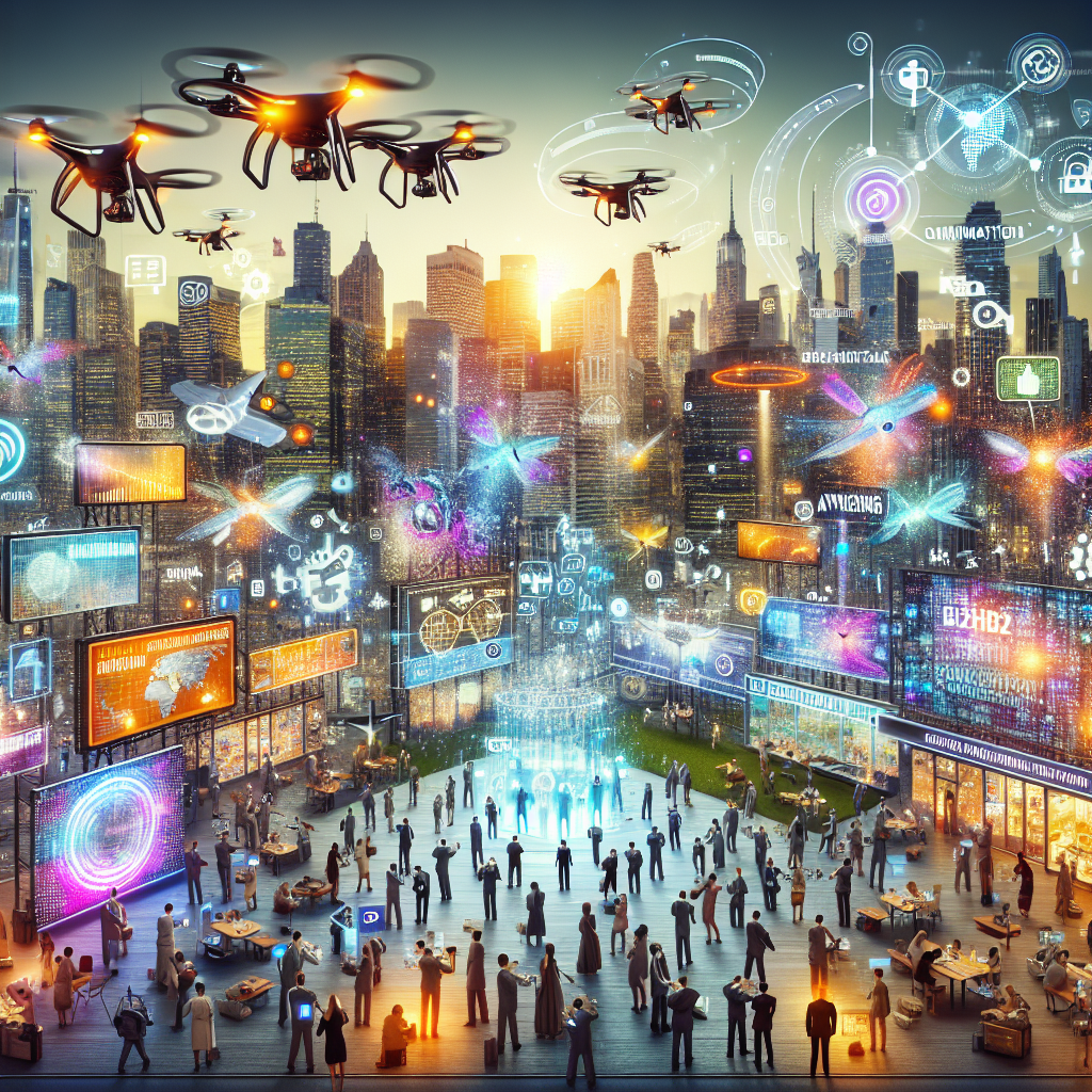Generate an image of a dynamic city skyline with various forms of content distribution channels like digital billboards, flying drones displaying ads, and people engaging with content on gadgets. This should illustrate the diverse ways B2B content is distributed to reach target audiences and enhance sales strategies.