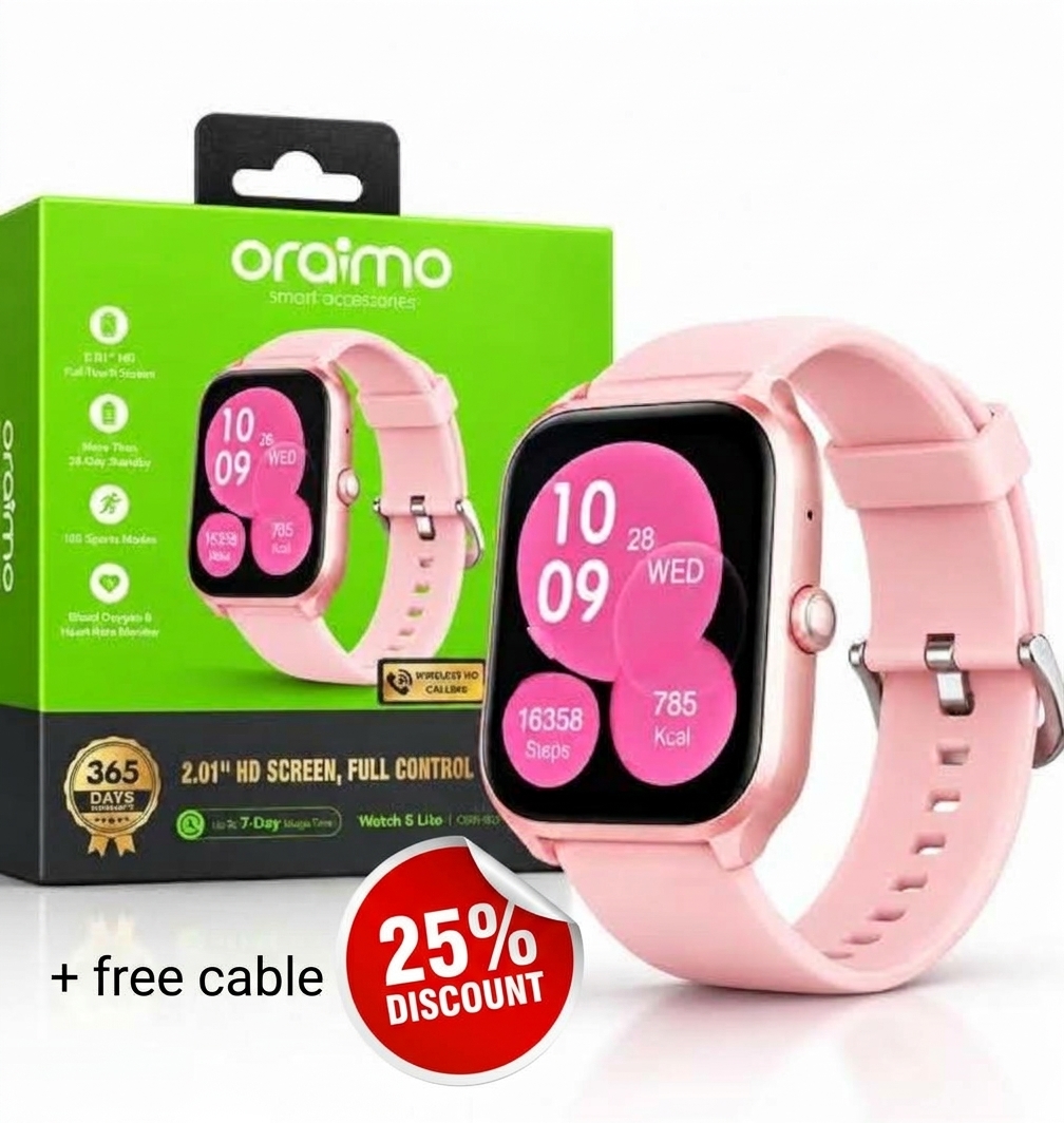 Orimo Oraimo SMART Watch 5 Lite OSW-804 Smart Watch - 2.01" HD Touch Screen, Bluetooth 5.3 Calling, 105 Sports Modes, Heart Rate & SpO2, IP68, Pink/Rose Gold - 1 Year Warranty available in Kenya