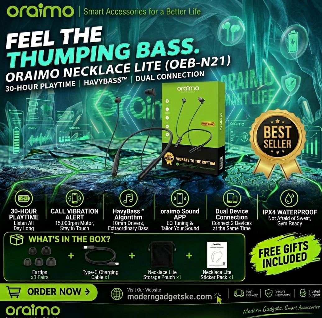 Orimo Share this product    Oraimo Necklace lite(OEB-311) call vibration wireless headphone available in Kenya