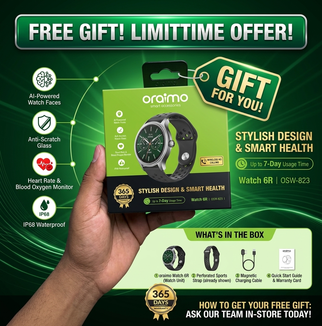 oraimo Oraimo Watch 6R Smart Watch Waterproof, Phone Calling Bluetooth, Heartrate,Health Wireless Smart Watch For Fitness & Smart Features available in Kenya