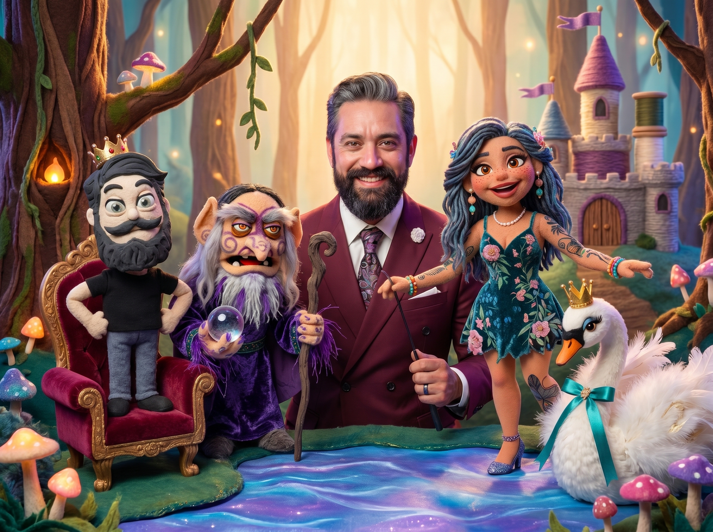 Swan Perch universe characters together including Serenity, Grumblefin, Maribel, Mr. Sir Man, and Papa