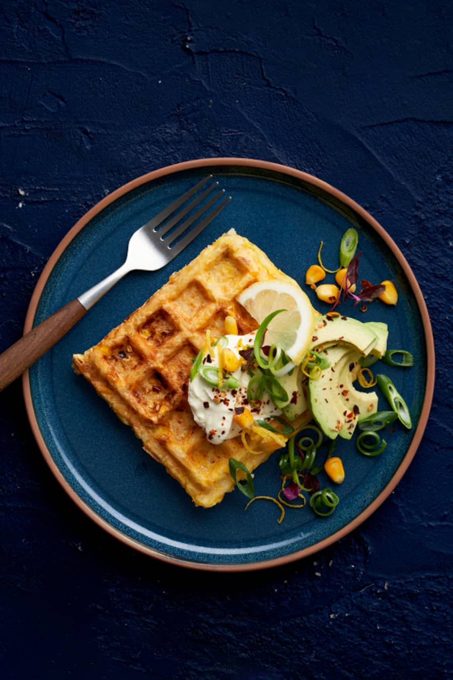 Corn and Cheese Waffles with Avocado, Spring Onion and Crème Fraiche main image