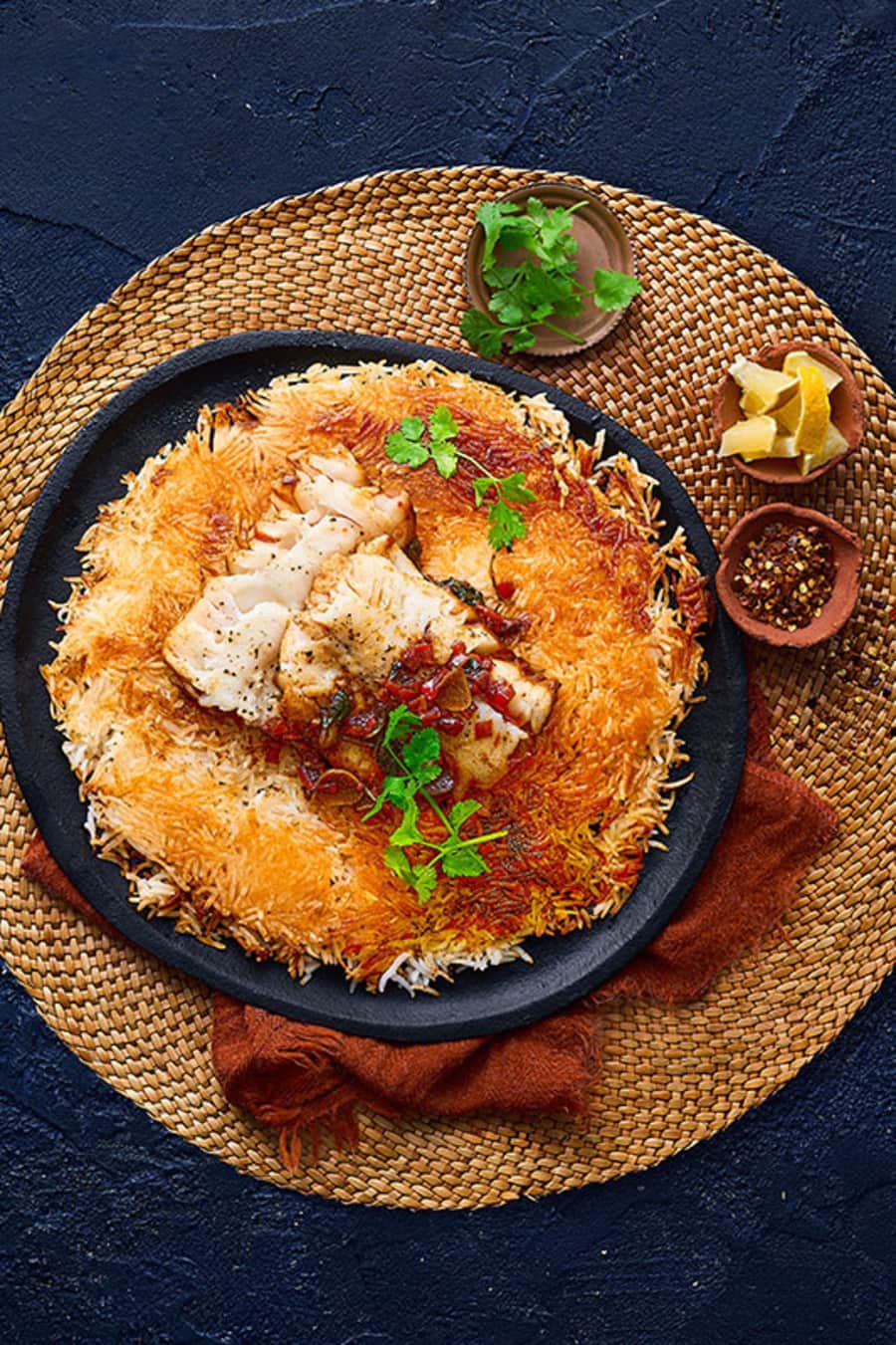 Moroccan Fish with Crispy Rice Cake with Saffron Crust main image