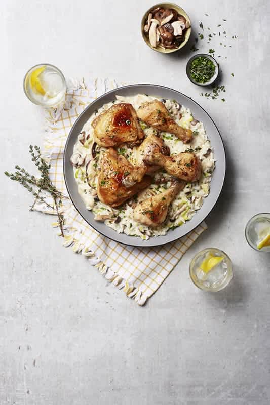Creamy Mushroom and Leek Rice with Crispy Chicken main image