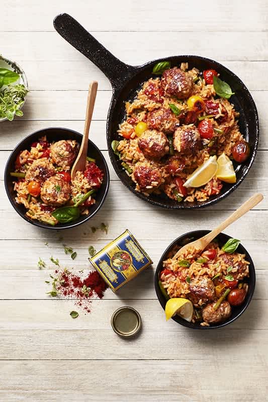 Spanish Meatballs with Tomato Rice and Crunchy Green Beans main image