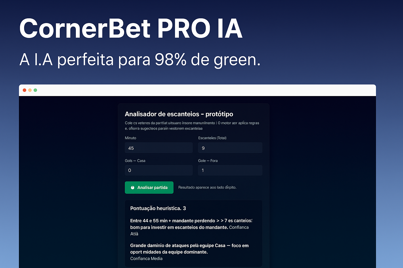 Dashboard do CornerBet Pro