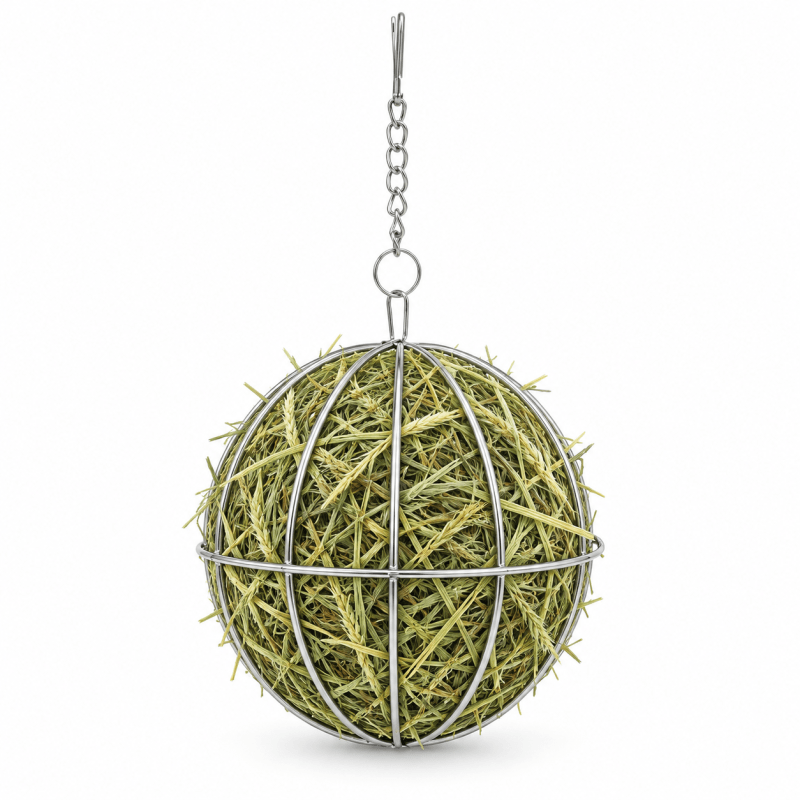 DISPENSADOR DE HENO BOLA HENERA METALICA 12cm COLGANTE CON GANCHO