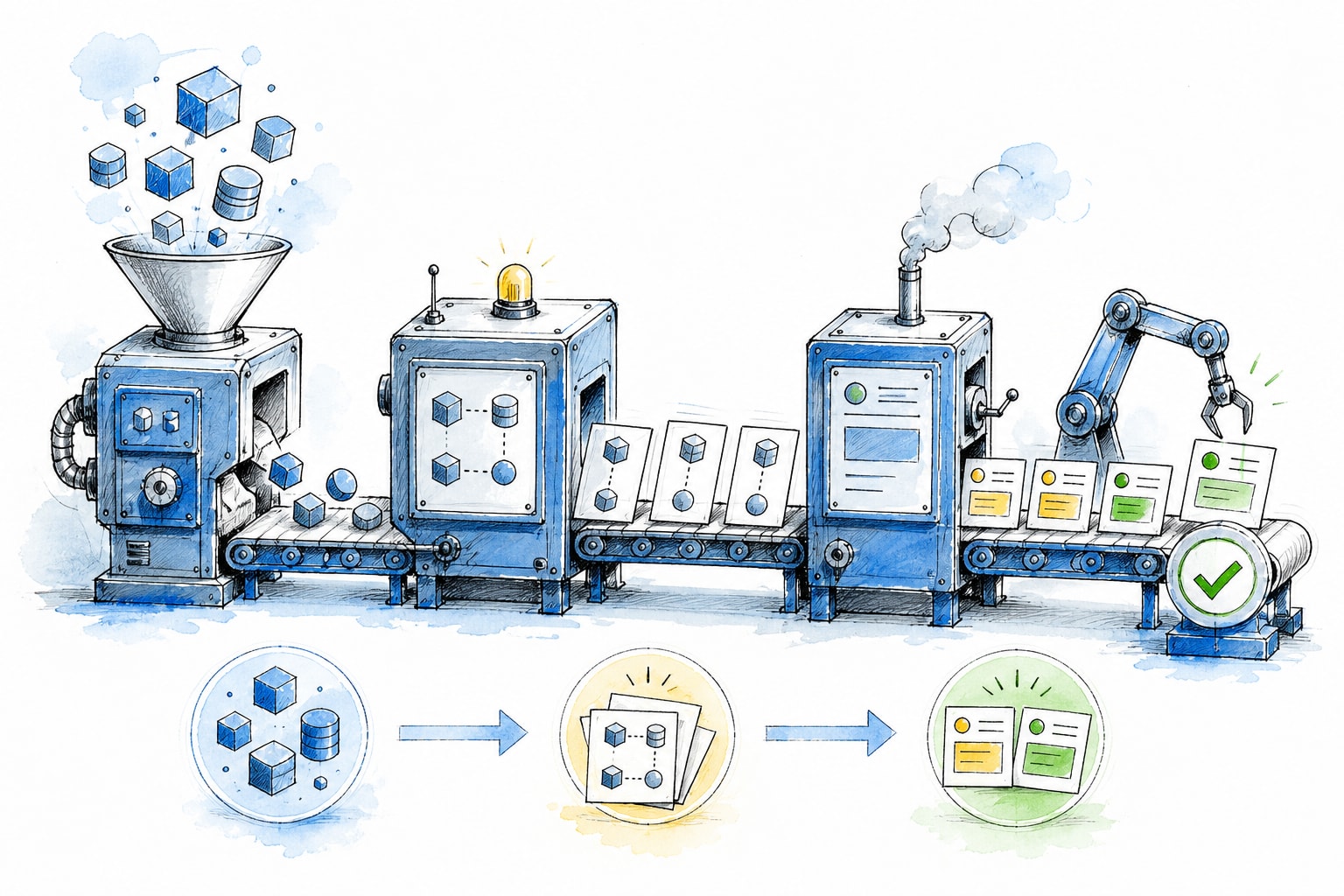 Ilustración de una línea de ensamblaje que transforma datos base en escenarios y respuestas HTTP.
