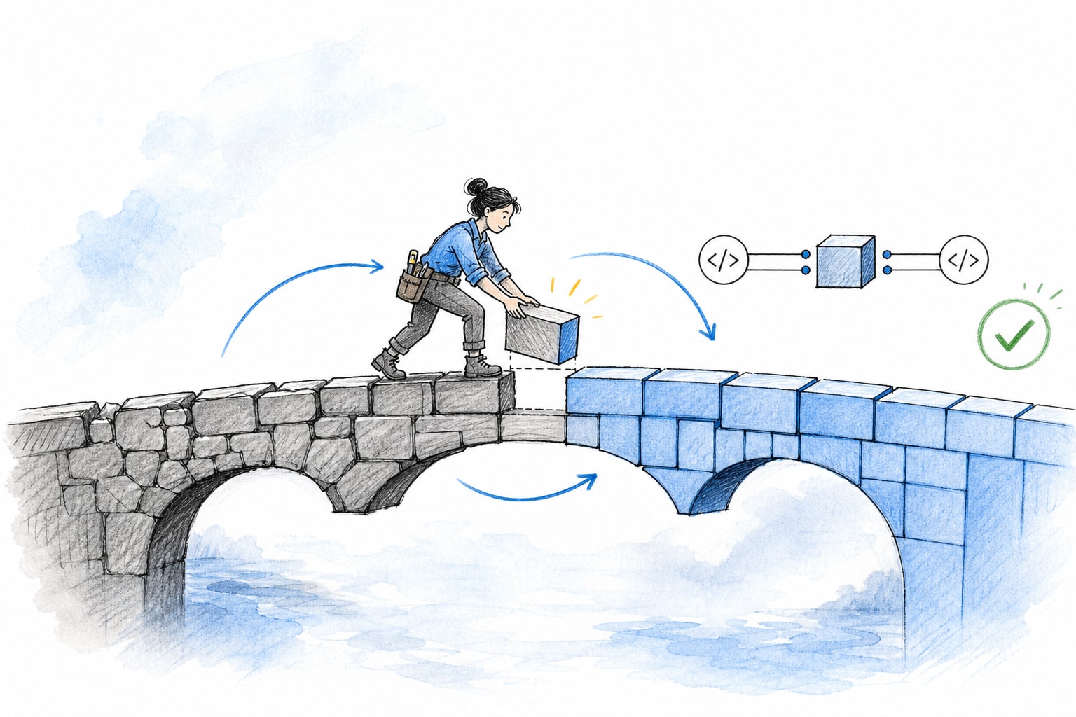 Una ingeniera sustituye un bloque de un puente que evoluciona de piedra gris a módulos azules, sin interrumpir el paso.