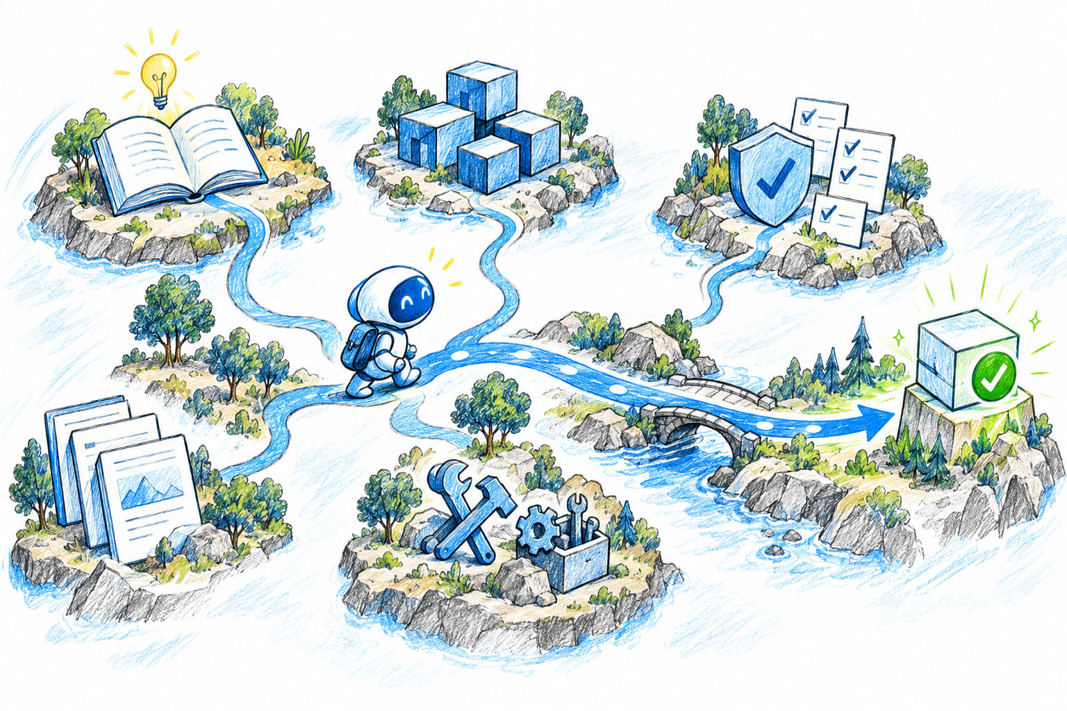 Un agente recorre un mapa claro del repositorio que conecta glosario, módulos, pruebas y herramientas hasta una ruta de cambio validada.