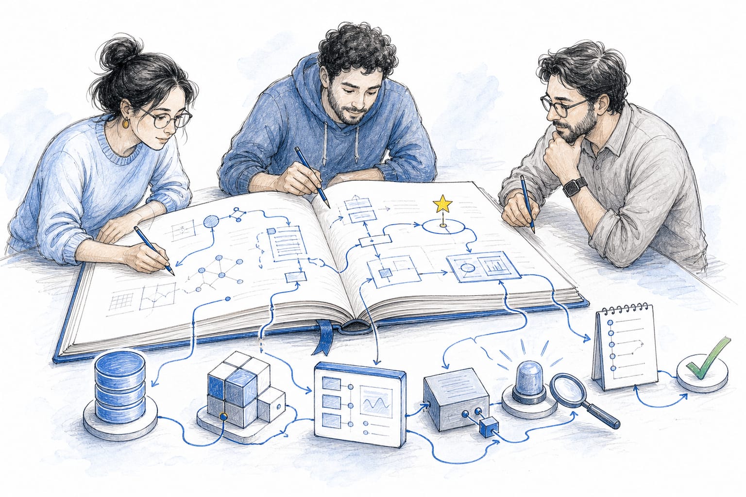 Tres integrantes de un equipo anotan un cuaderno de documentación abierto cuyos diagramas conectan datos, arquitectura, interfaz, alertas operativas, una lista de comprobación y una validación.
