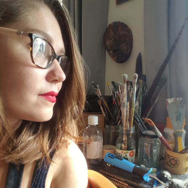 Rachel in her Cambridgeshire studio with brushes