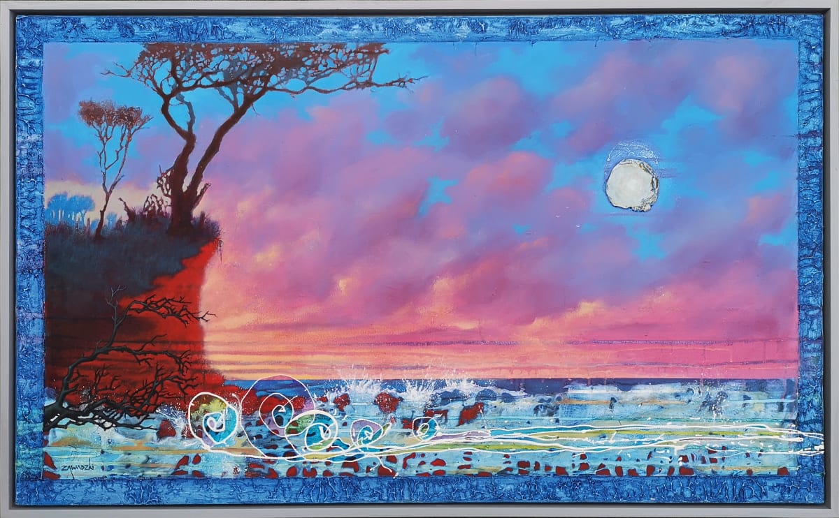 Facing the Waves: oil painting on recycled TV glass showing orange and blue sunset and tree on clifftop