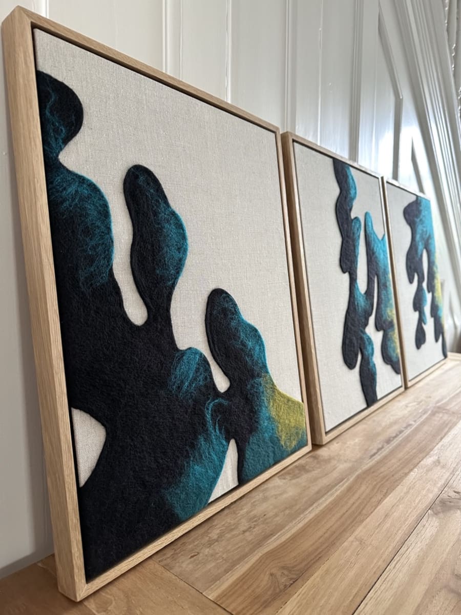 'Distant Shore Series' 100% merino wool fibres, needle-felt on linen, framed in oak