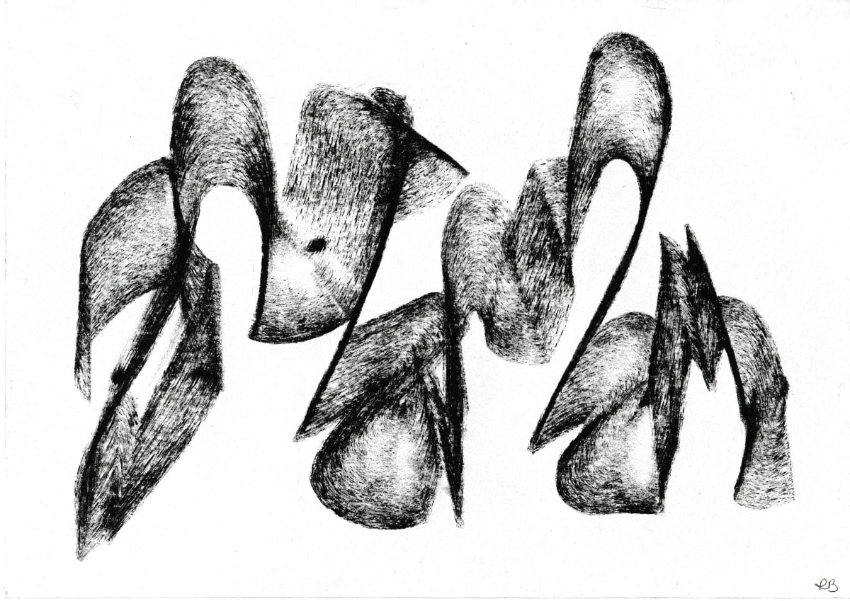 Black and white charcoal drawing, filling the entire page. The drawing follows the flight path of a bird.
