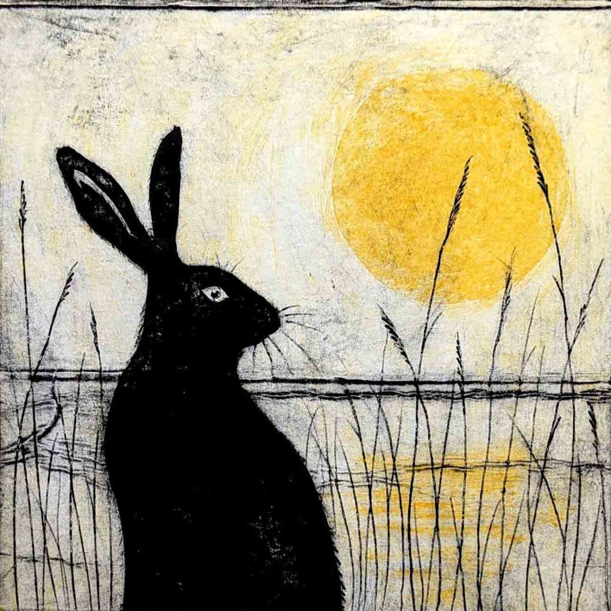 Midday Hare - Tetrapak print showing silhouette of a hare with a large yellow sun reflected in the marsh