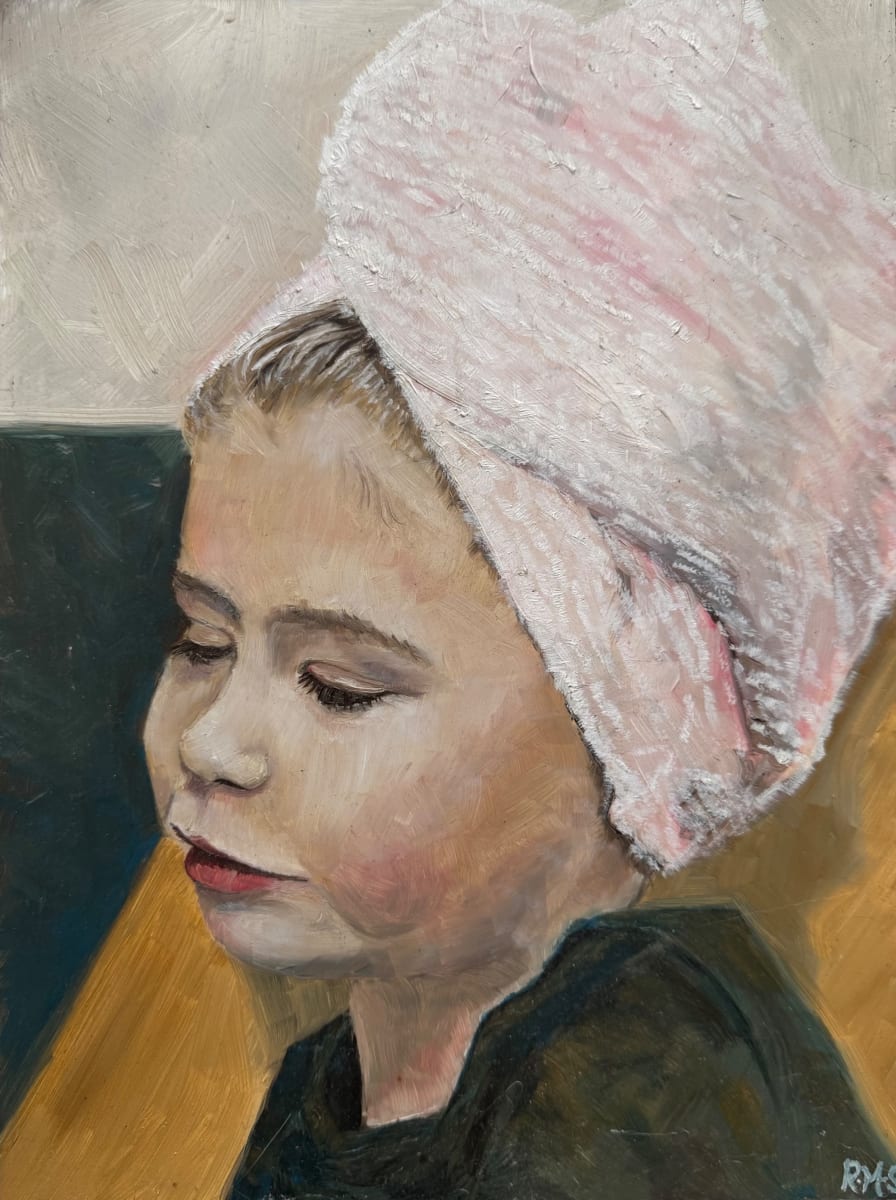 Oil painting of a young child with a towel headwrap