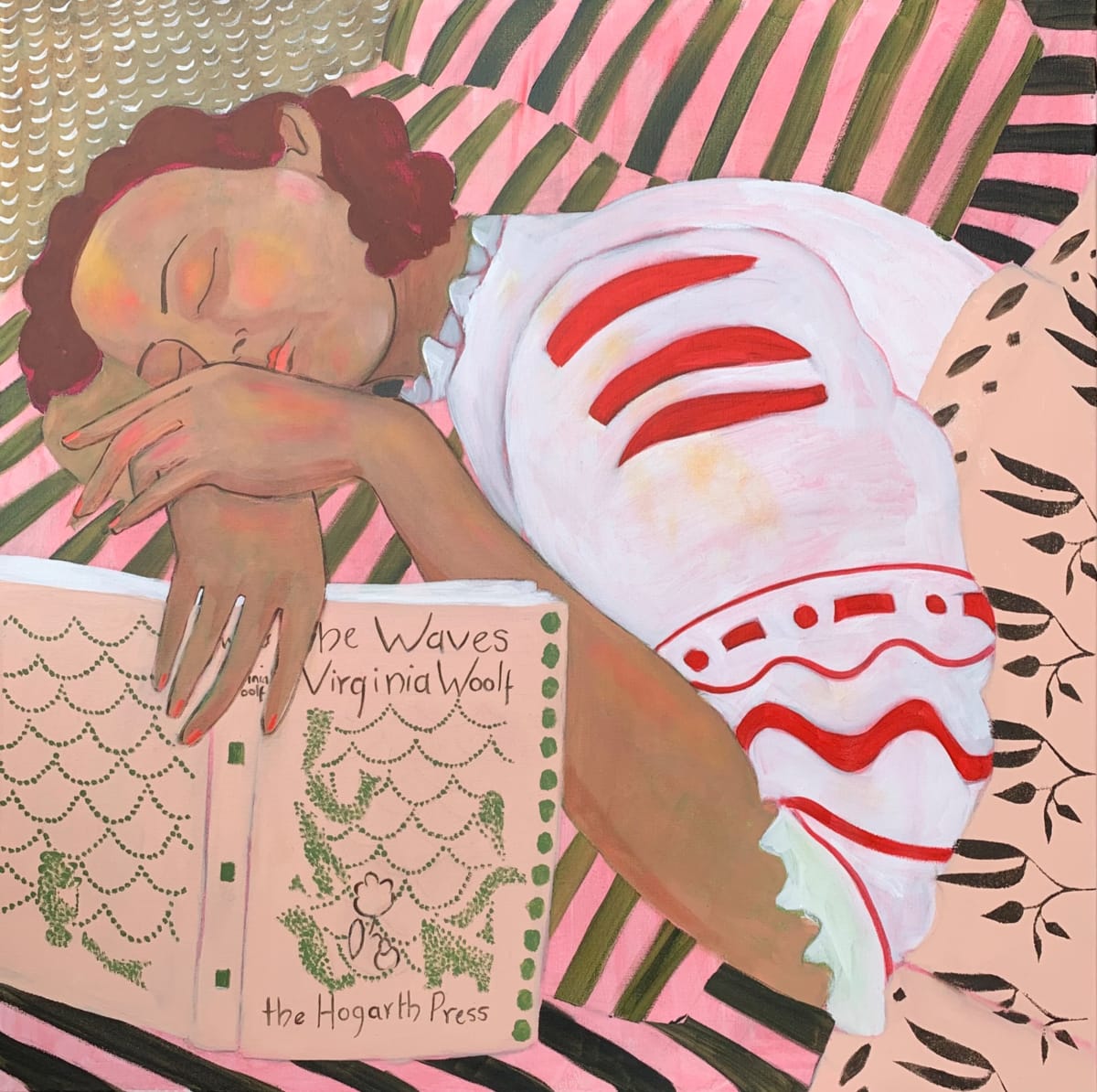 “The Waves” model has fallen asleep reading Virginia Woolf’s book of the same title. Acrylic on canvas 76 x 76 cm