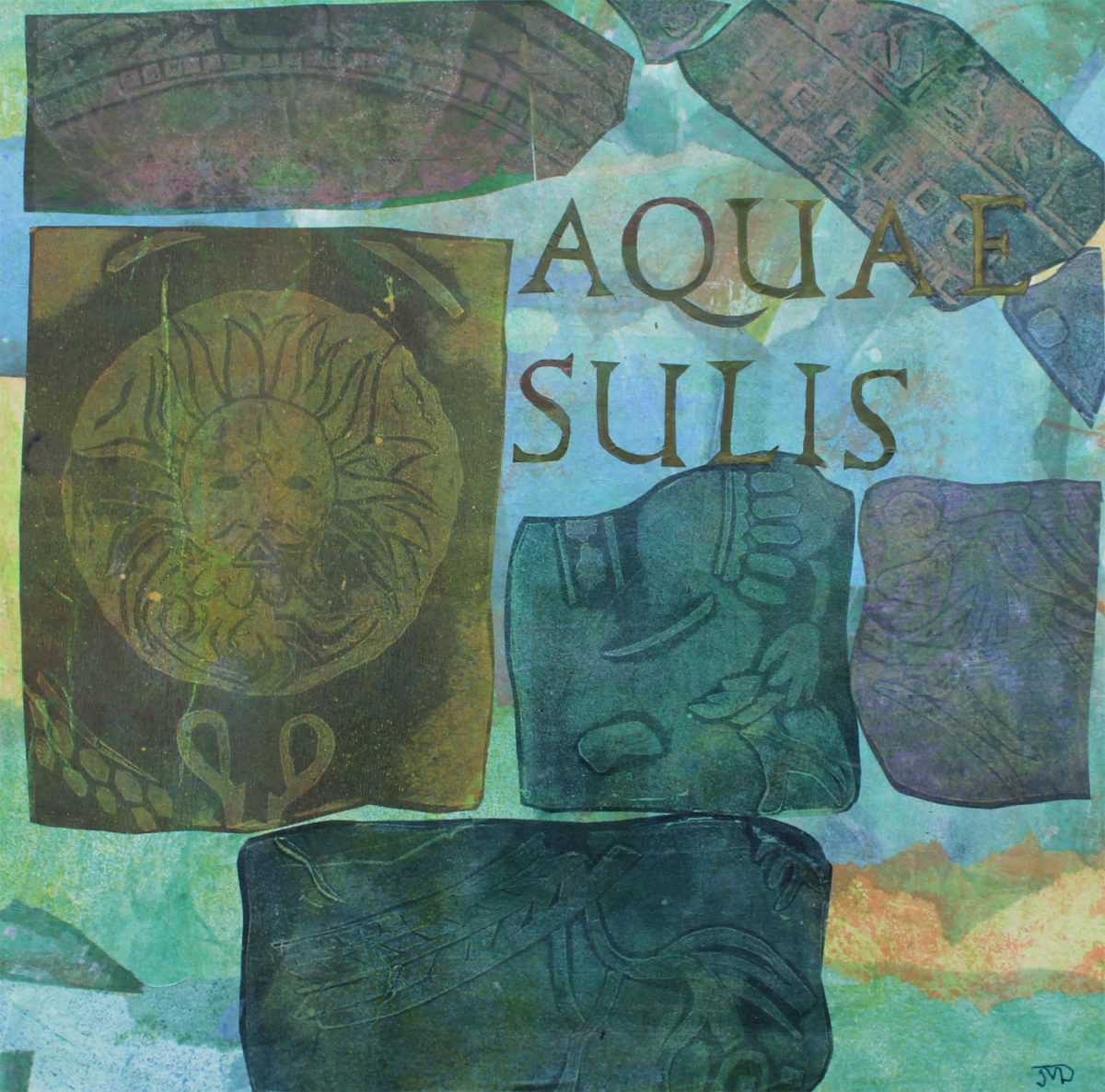 Aquae Sulis - mixed media collage, monoprints of archeological finds at the Roman Baths, Bath