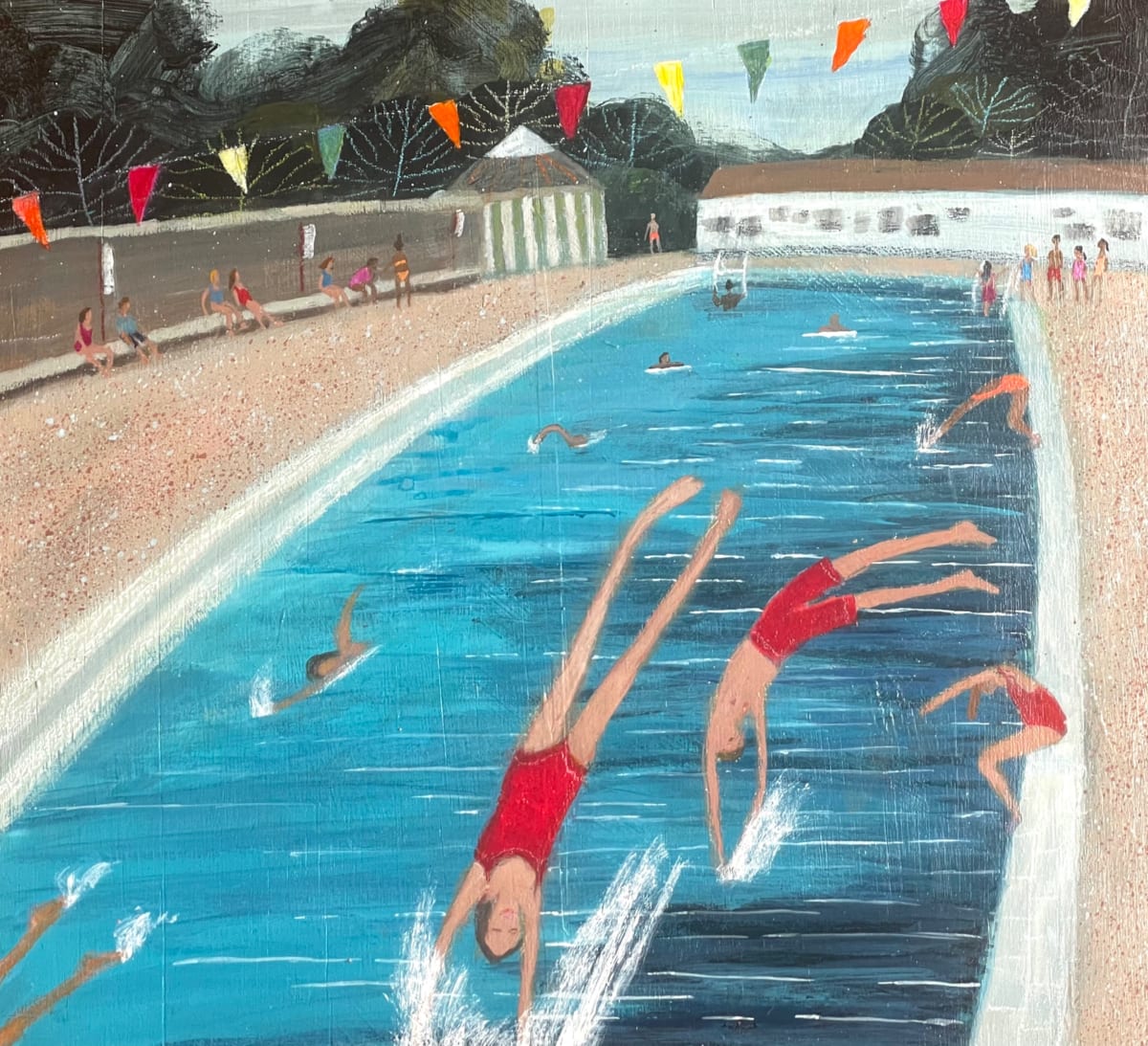 acrylic painting of figures diving into a outdoor swimming pool