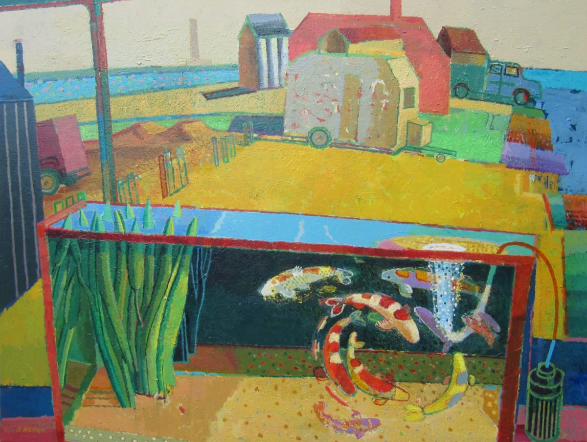 Acrylic painting of a fish tank with caravans in a landscape, in yellows, blues and pinks